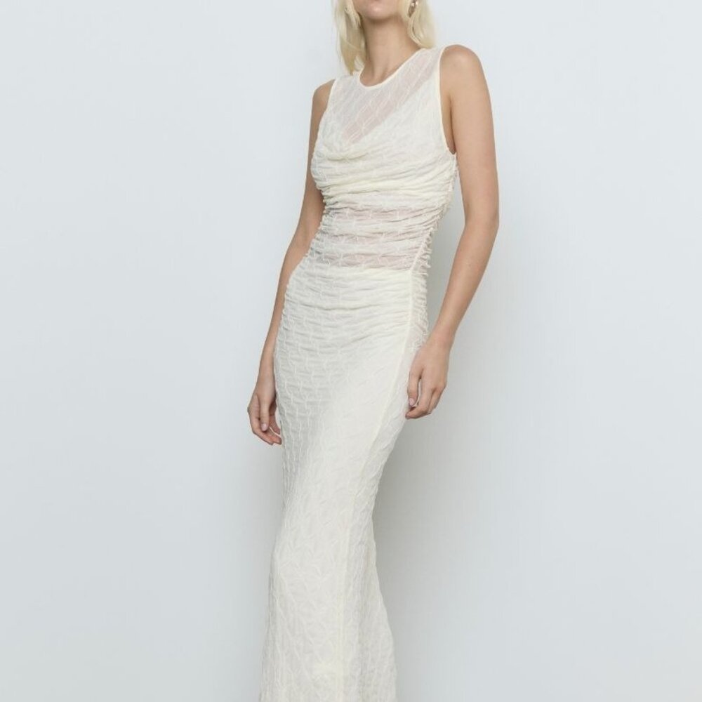 SOVERE Love Cowl Mesh Dress in Cream off white sleeveless mesh sheer ruched maxi